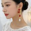 French Gold and Red Pearl Inlaid Ear Studs - Elegant Long Earrings for Women