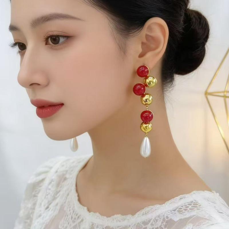 French Gold and Red Pearl Inlaid Ear Studs - Elegant Long Earrings for Women