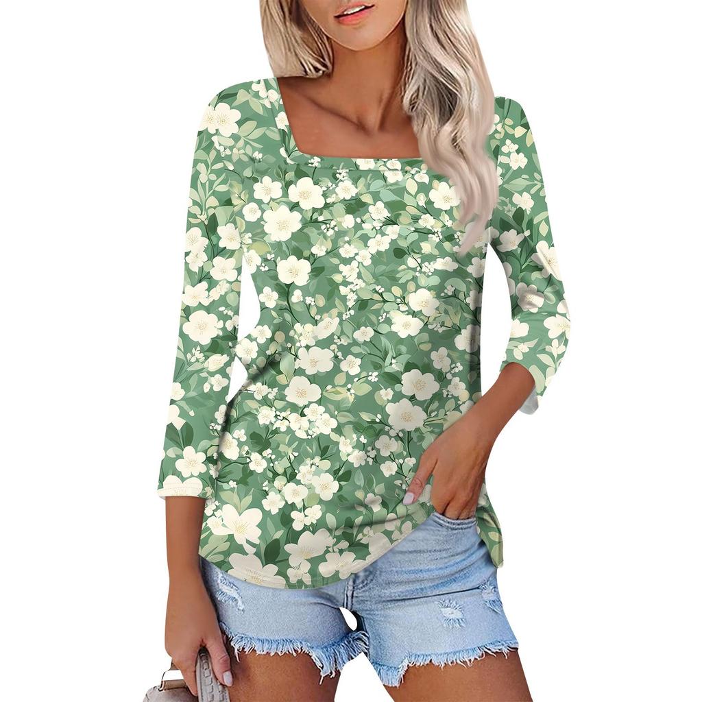 Shirt For Women's Fashion Casual Square Neck 3/4 Sleeve Loose Printed T-Shirt Ladies Top