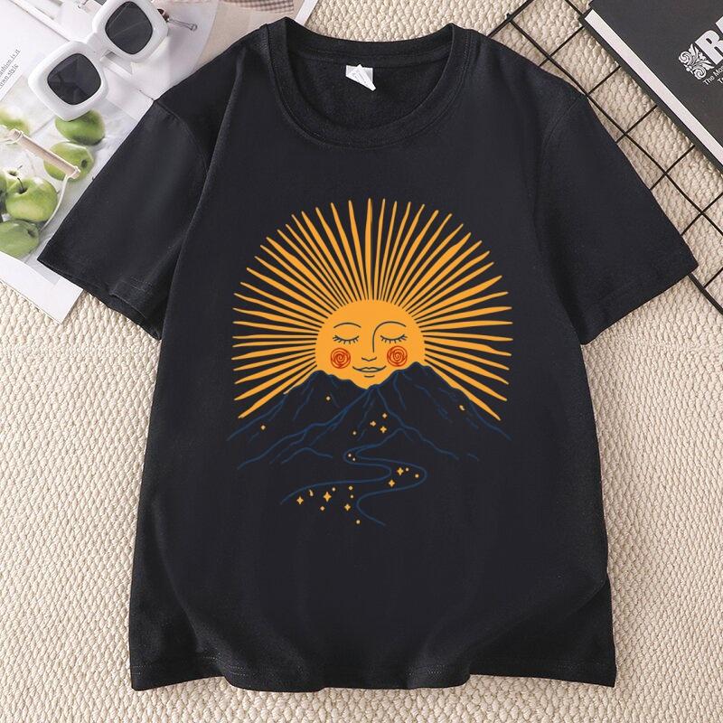 Boho Sun TShirt Comfortable Mountain Graphic Tee Casual Round Neck Celestial Nature Tee Boho Summer Hiking Tops Cotton Short