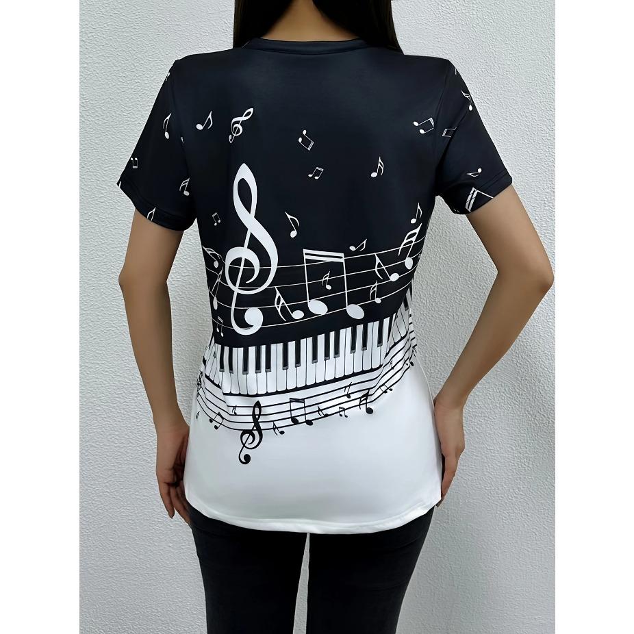 Music Note Print T-shirt, Short Sleeve O Neck Leisure T-shirt for Spring & Summer, Women's Clothing