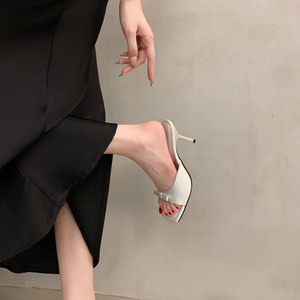 Temperament black bow high heels women's summer new versatile thin heel women's cool slippers