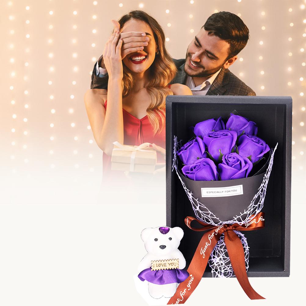 7 Soap Rose Flower Gift Box Bouquet Stuffed Bear Valentine S Day Gift for Birthday Party Anniversary