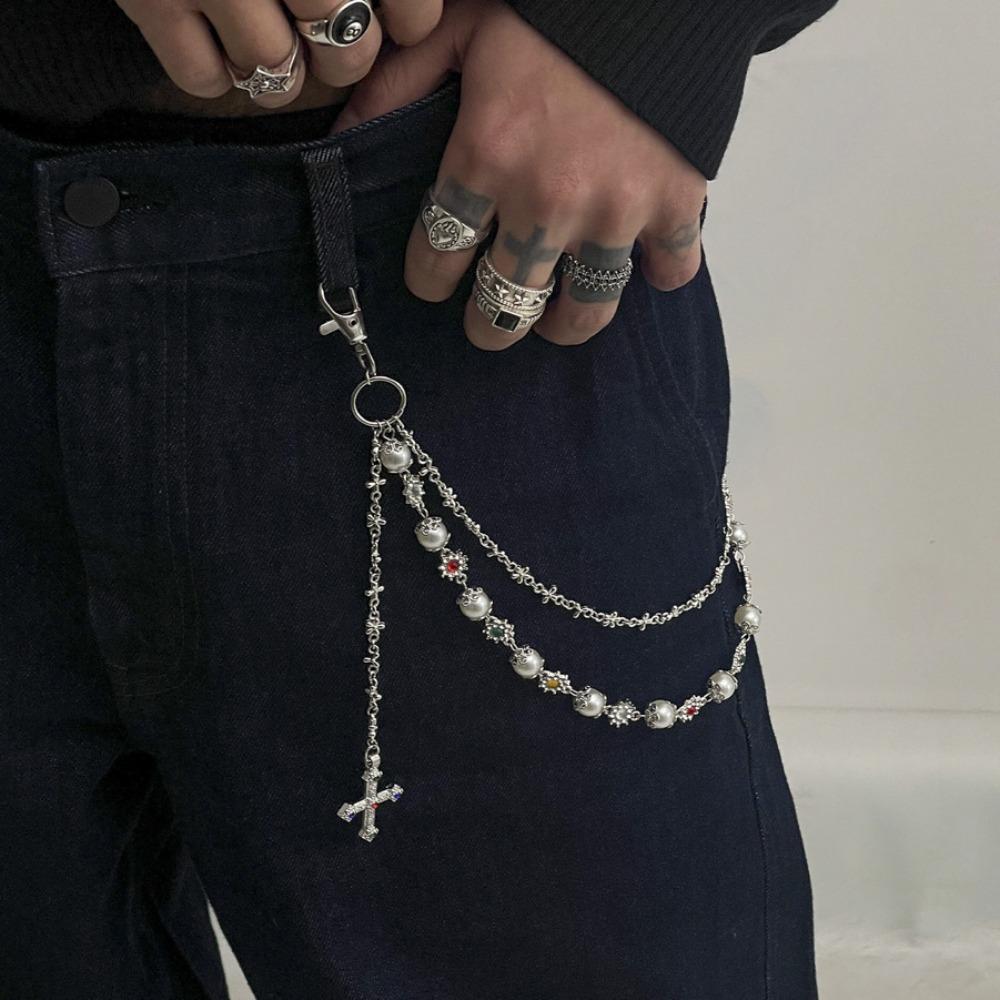 Exquisite Cross Waist Chain Luxuriöser Hip-Hop Stil Herz Perlen Taille Kette Hipster Harajuku Quaste Hosenkette Für Männer Frauen