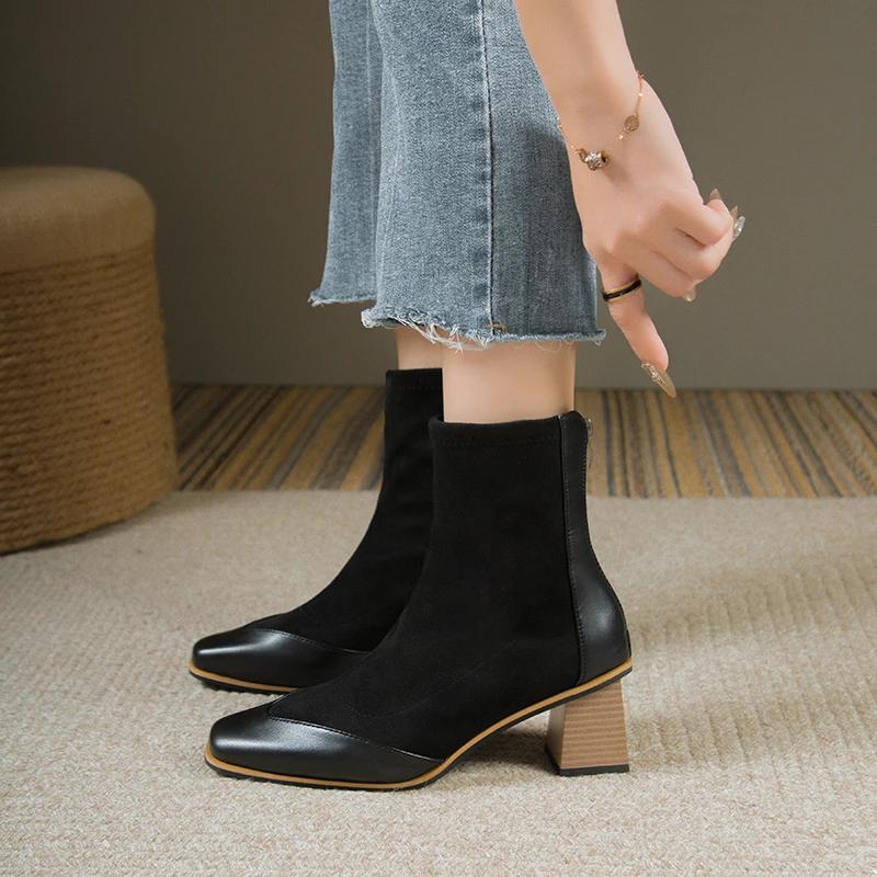 Fashion Winter New Thick Heel Cotton Boots Women's Square Head Splicing Suede Back Zipper Anti-slip Wear-resistant Short Boots