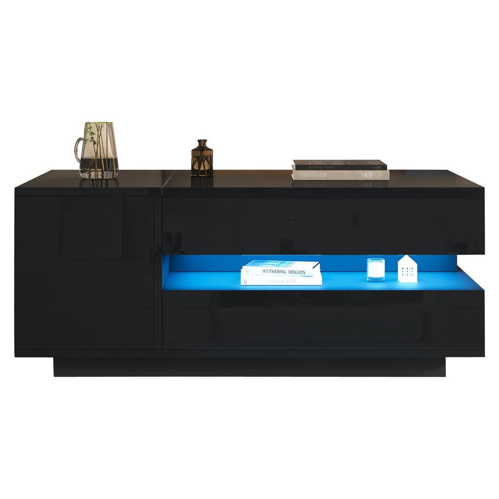 Mesa de centro elevable de 95*50*40 cm con 1 cajón, 1 armario, LED, Alto brillo, Almacenamiento oculto, Almacenamiento semiabierto, Negro