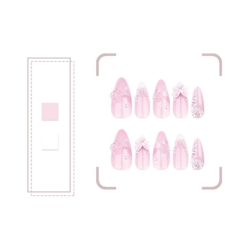 24 ks 3D mašličky umělé nehty květiny akrylové nehty bílá francouzská špička plné krytí nalepovací nehty mandlový tvar nalepovací nehty