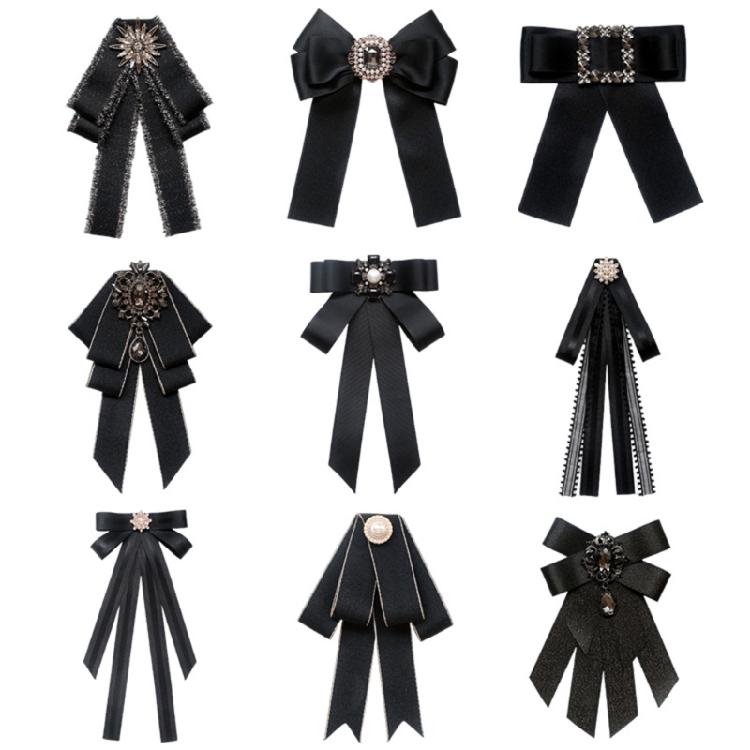 Women Ribbon Bowtie Brooch Pretied Crystal Jewelry Necktie Bowknot Jabot Collar