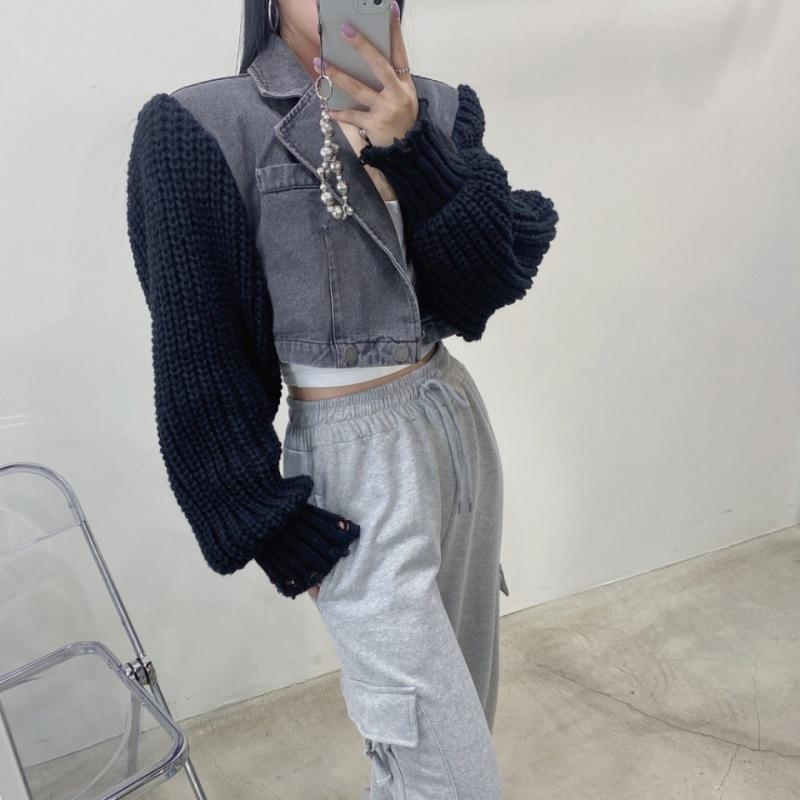 Spliced Denim Jacket Women  Autumn Winter New Long Sleeve Loose Jackets Vintage Casual Turn Down Collar Short Coats