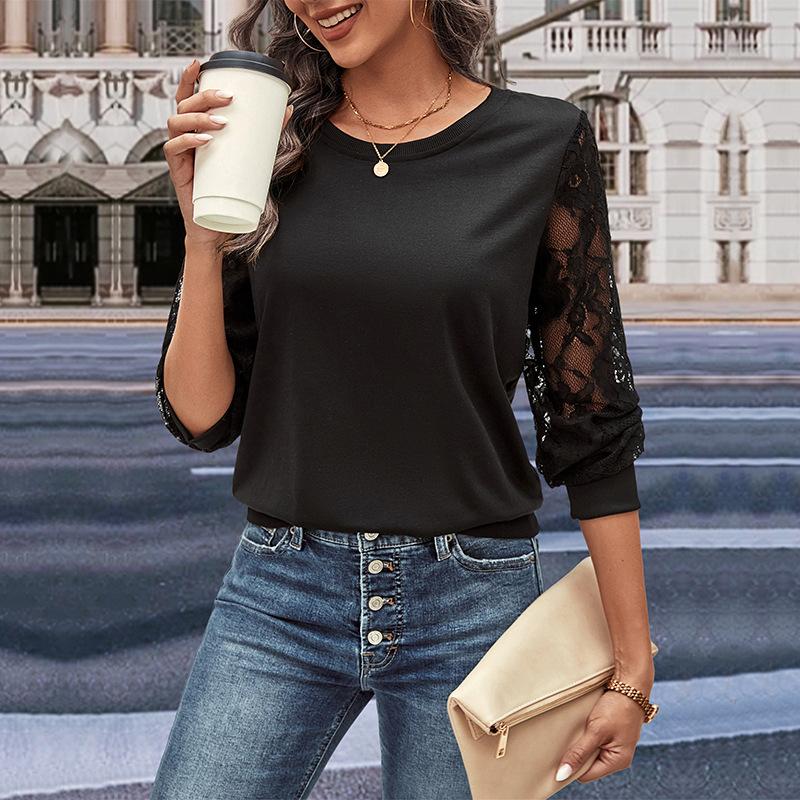 Casual Comfort and Versatility Autumn Women's Solid Color Lace Splicing Sweater Women