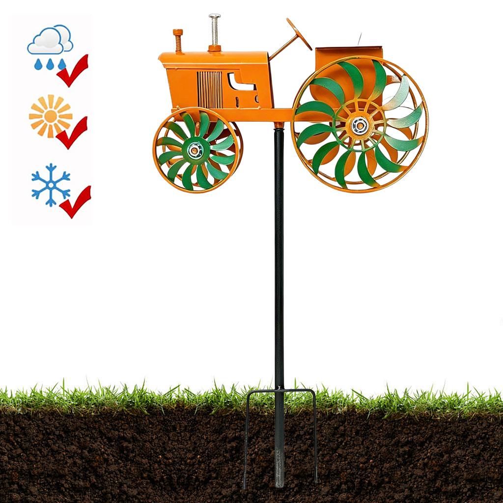 Tractor Wind Sculpture with Rotating Wheels Orange Tractor Windmill Stake Decorative Windmill for Garden Yard Patio Lawn Decor