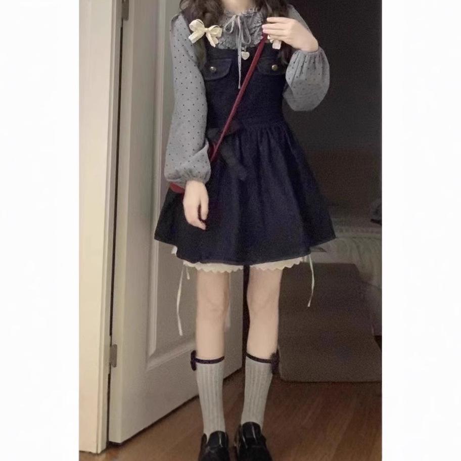 

French Retro Denim Bow Vest Dress & Polka Dot Tie Shirt Set - Early Autumn Collection XL