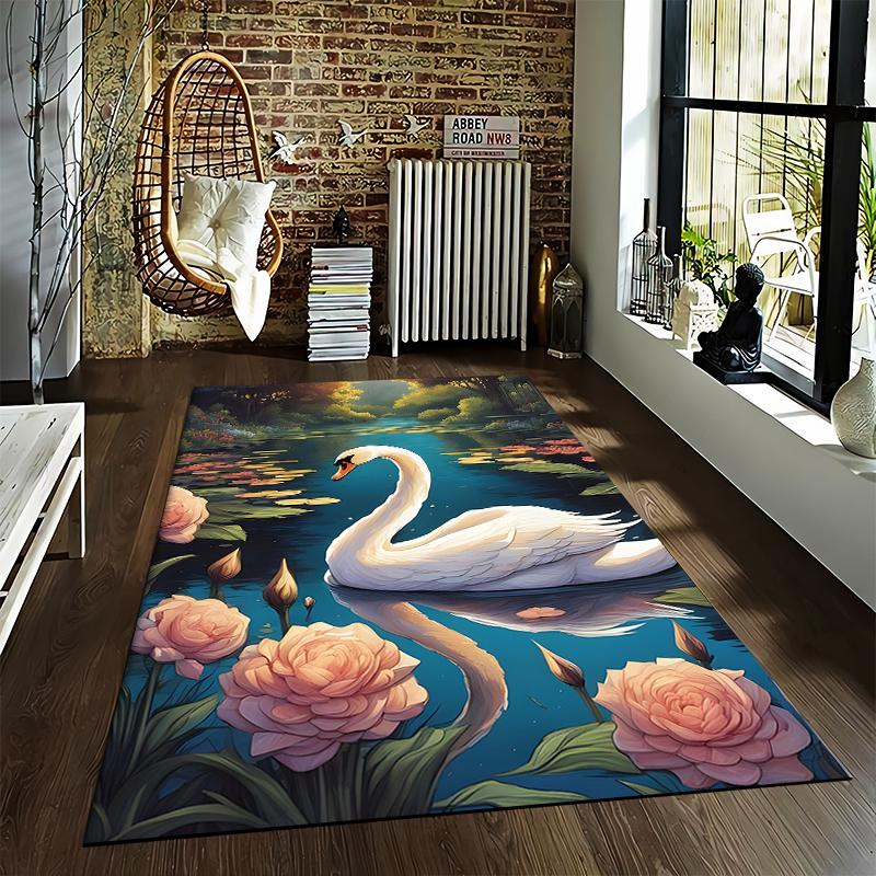 Elegant Swan with Pink Roses and Pond Scene Area Carpet Decor Suitable for Use As an Anti-slip for Living Room Bedroom Sofas