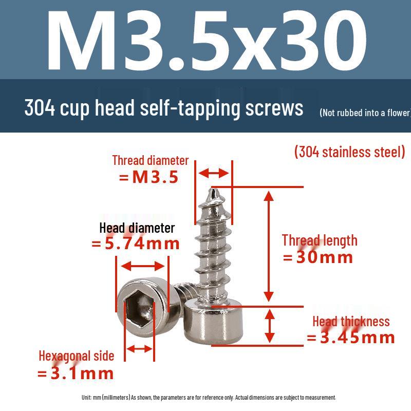 304 Pan Head Self-Tapping Coarse Thread Screw M1.7-M6 with Hex Socket
