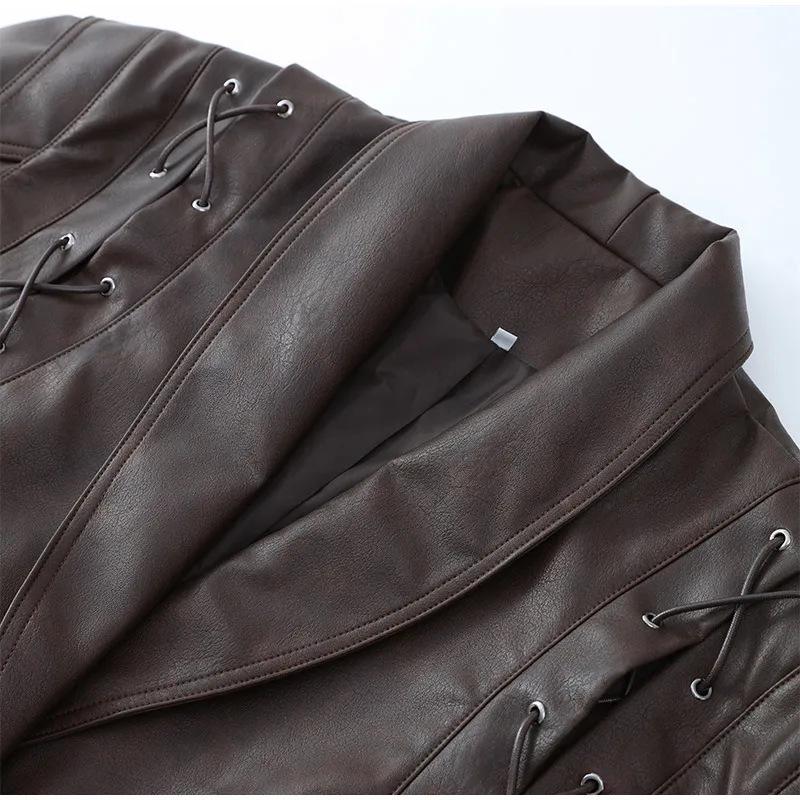 2024 Autumn/Winter European & American Fashion Lapel Tie Long Sleeve Leather Jacket