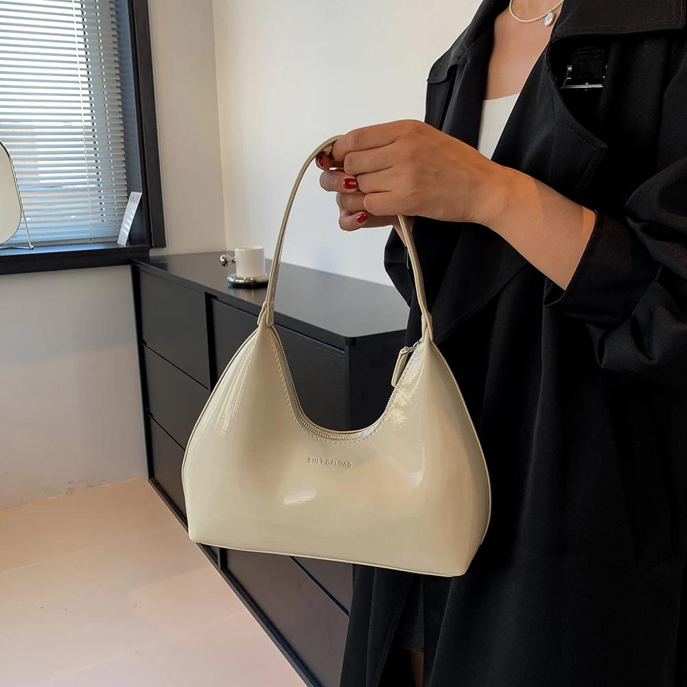 Luxury Patent Leather Women Crescent Bag Brand Shoulder Bag Retro Solid Armpit Purses Ladies Half Moon Bag High Quality Hobo Bag