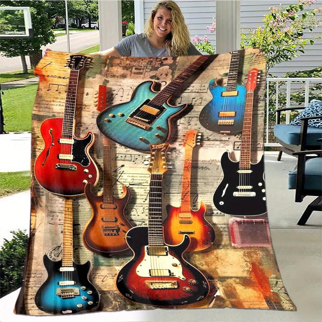 Guitar Art Pattern Decorative Throw Blanket for Sofa, Bed, Living Room, Bedroom, and Indoor/Outdoor Home Space