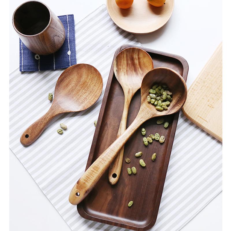 1-7pcs/set Teak Natural Wood Tableware Spoon Ladle Turner Rice Colander Soup Skimmer Cooking Spoon Scoop Kitchen Reusable Tool