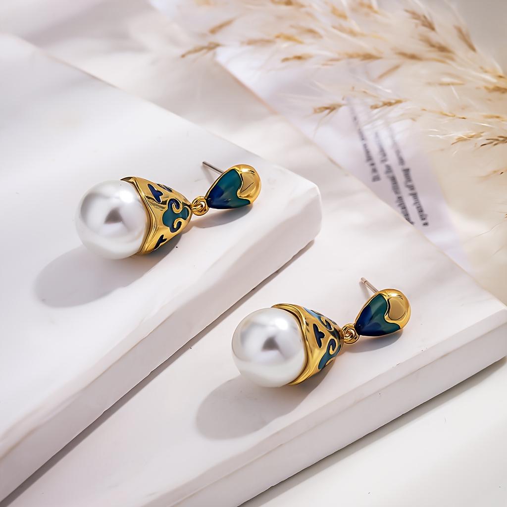 1 Pair Vintage Elegant Women's Enamel Earrings - Turquoise Blue & Golden Antique Imitation -like Drop Dangle Earrings with Ornate Chinese/-Inspired Mo