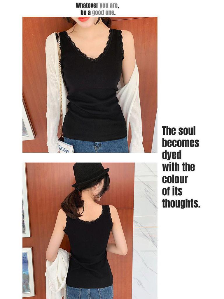 Modal Cotton V-Neck Lace Trim Ribbed Tank Top - Slim-Fit Versatile Camisole for Spring/Summer