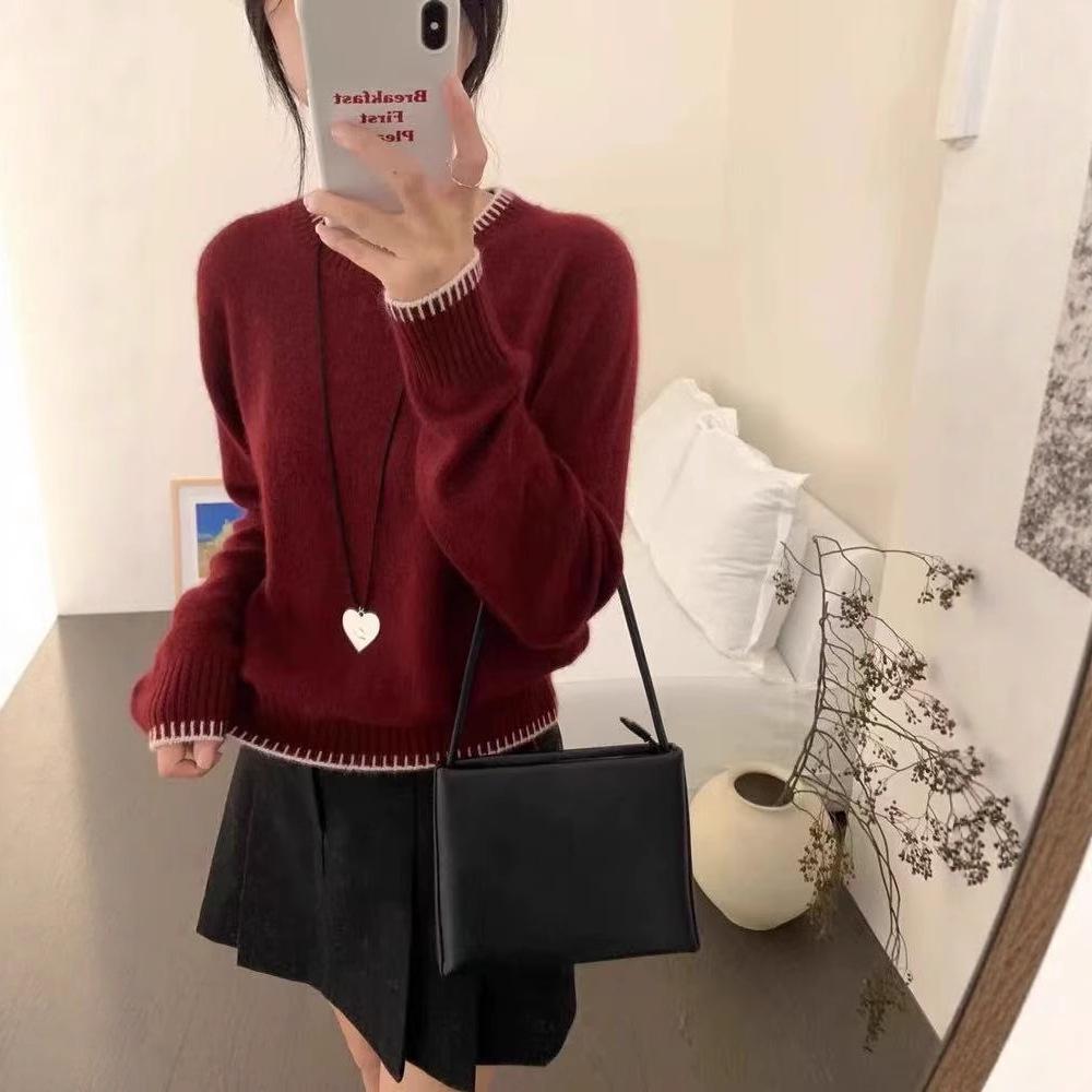 Women's Grey Merino Wool Round Neck Sweater - European Style Cashmere Knit Base Layer for Autumn/Winter