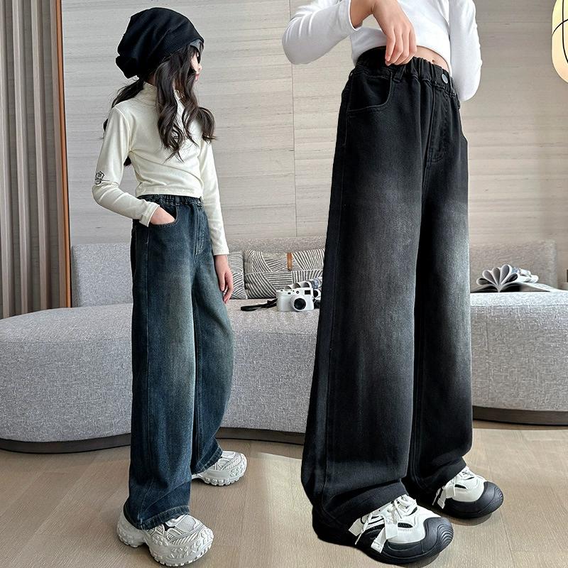 Wysokiej Jakości Dżinsy Dziewczęce Vintage Denim Spodnie z Szerokimi Nogawkami Odzież Dziecięca Dziecięce Codzienne Jednolite Spodnie Dla Nastolatków