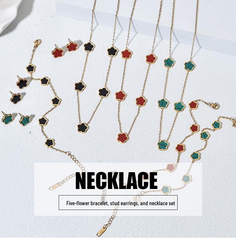 Conjunto de Joias de Aço Inoxidável Trevo de Quatro Folhas Inspirado em INS: Pulseira, Brincos de Pino e Colar para Mulheres