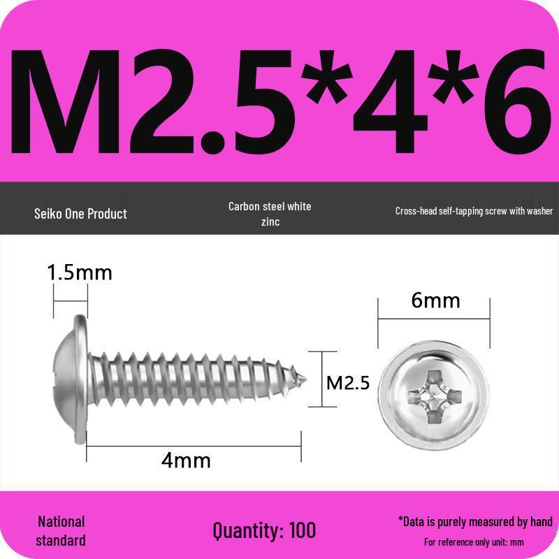 PWA Nickel-Plated Carbon Steel Self-Tapping Screws with Washer, White Zinc Cross Head, Pointed Tail, Sizes: 1.6/1.8/2/2.5