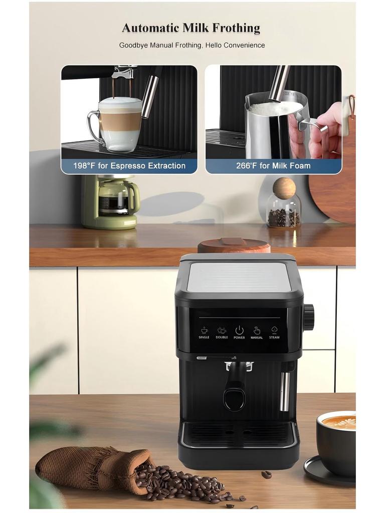 Italian Semi-Automatic Espresso Machine - 20 Bar Pressure with Milk Frother, Compact for Household Use
