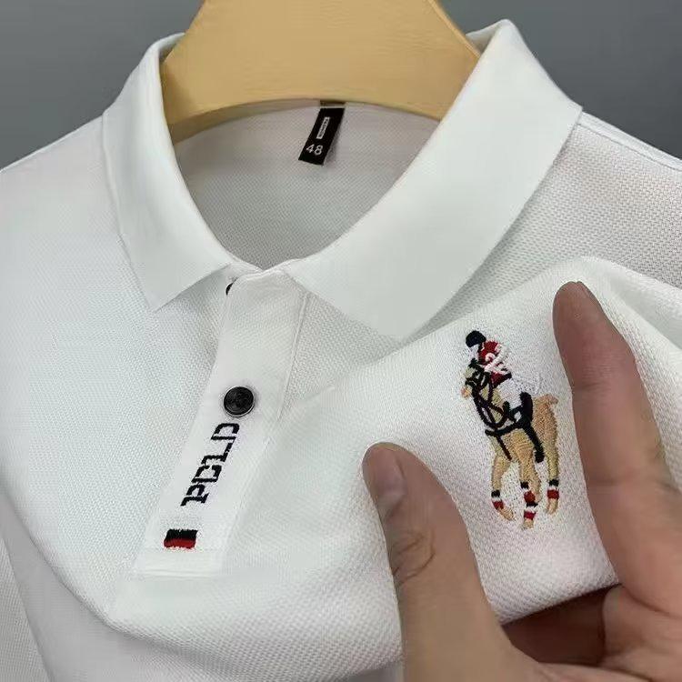 Men's Summer Short Sleeve Embroidered Polo Shirt, Turn-Down Collar, Plus Size, Solid Color