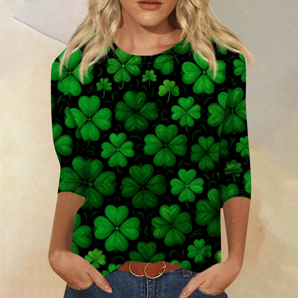 Women's Fashionable Casual Three-quarter Sleeve  Printed Round Neck Top