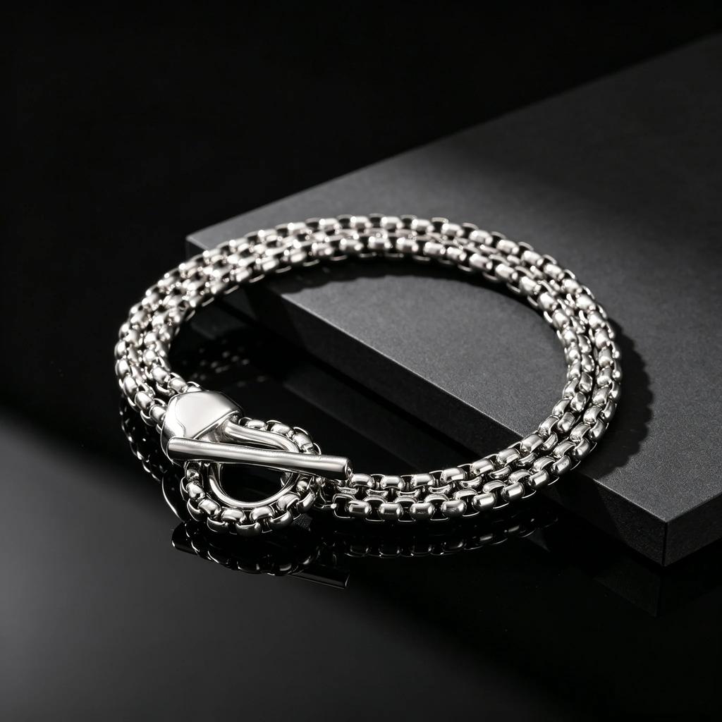 Punk Non Fading Double Layer Square Chain OT Buckle Chunky Bracelet for Men, Waterproof Stainless Steel Fashion Jewelry Gift