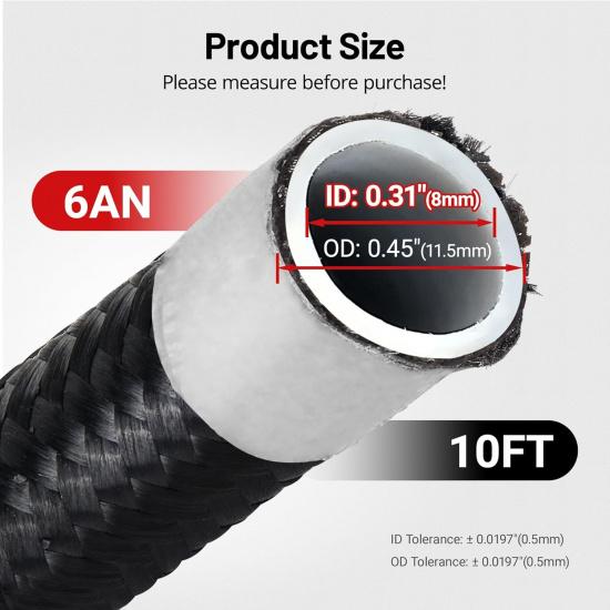 EVIL ENERGY 6AN PTFE Fuel Hose Line, AN6 Fuel Line E85 Nylon Braided 10FT Black 5/16 Inch ID