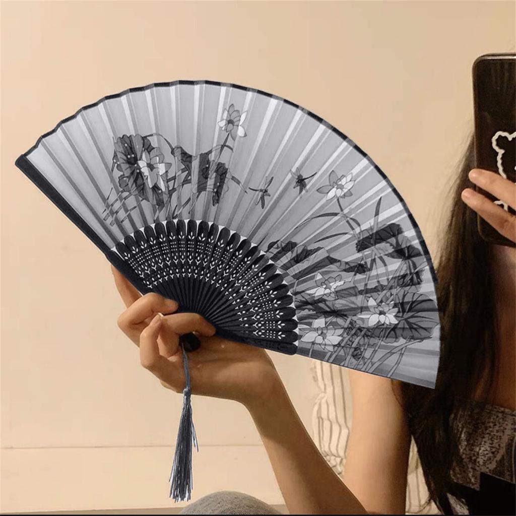 Vintage Chinese Folding Hand Fan, Oriental Classical Fabric Fan, Gift For Women, Hanfu
