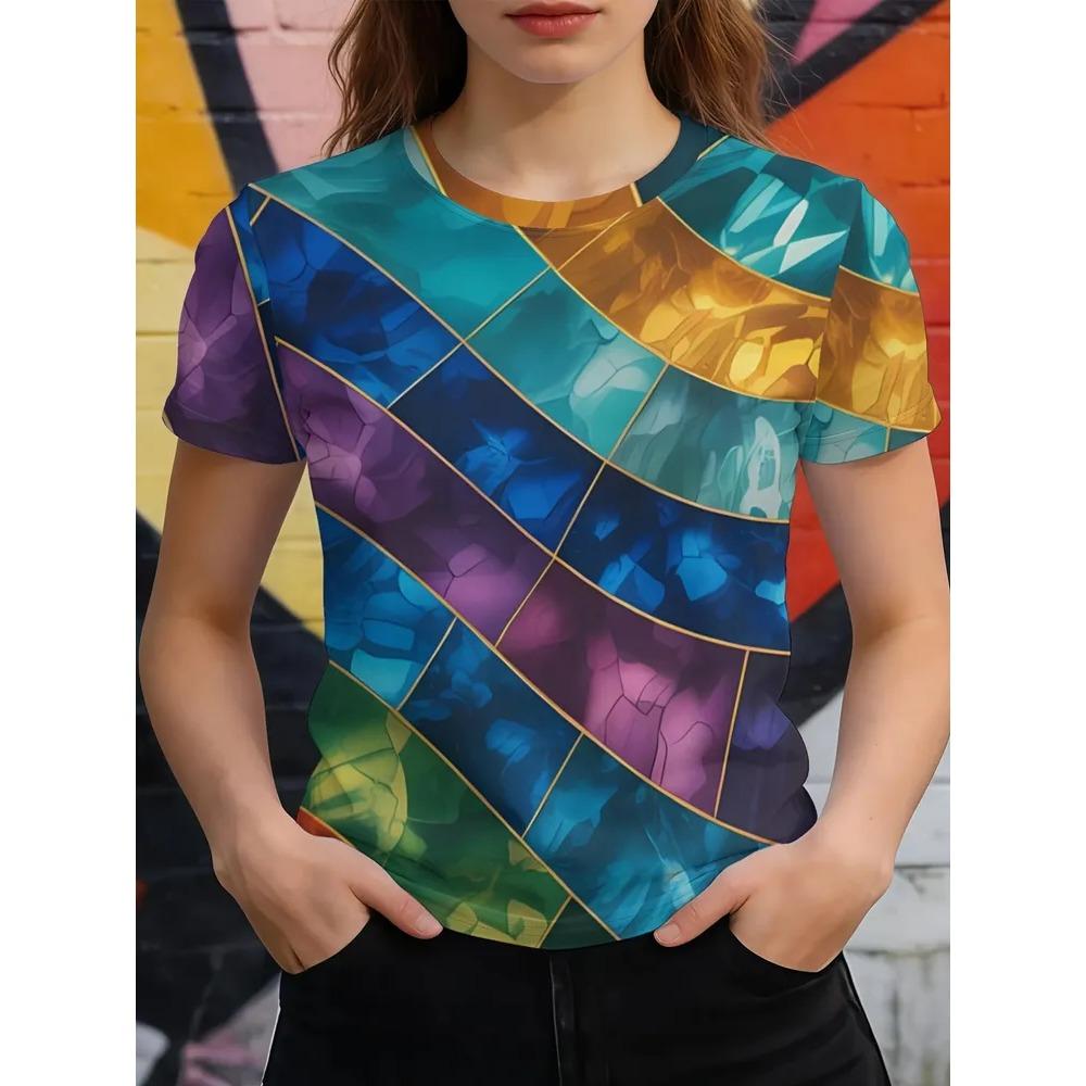 Beautiful Retro Colorful Creative 3D Printed Short Sleeved T-shirt Fashionable Comfortable Soft Breathable Large Loose Womens T-shirt
