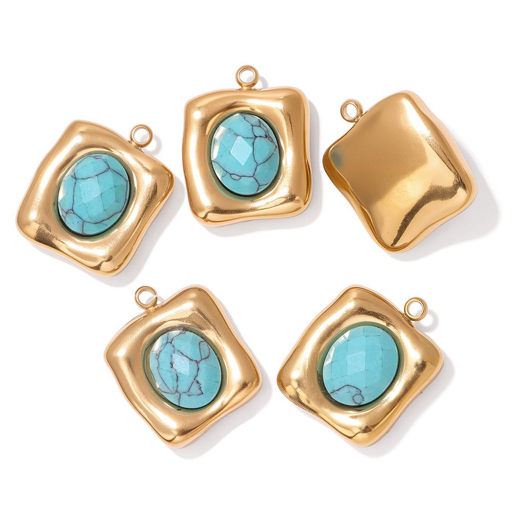 1pc French Retro Stainless Steel Natural Stone Retro Geometric Square Pendant Small Charms Fine Polishing DIY Jewelry Accessorie