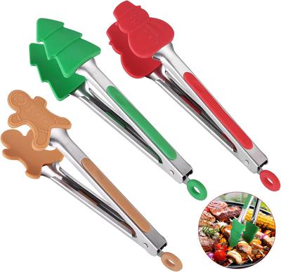 3-Piece Silicone Mini Tongs Set for Christmas, 7-Inch Mini Cooking Tongs, Kids' Holiday Set (Christmas Tree, Snowman, Gingerbrea