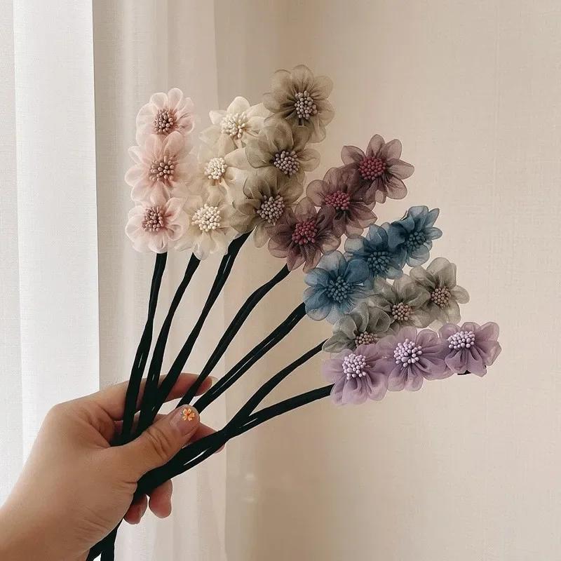 Elegant Shell Pearl Lazy Hair Curler Bow Barrettes Braided Hair Artifact Vintage Women Flower DIY Hair Maker Tools Scrunchies