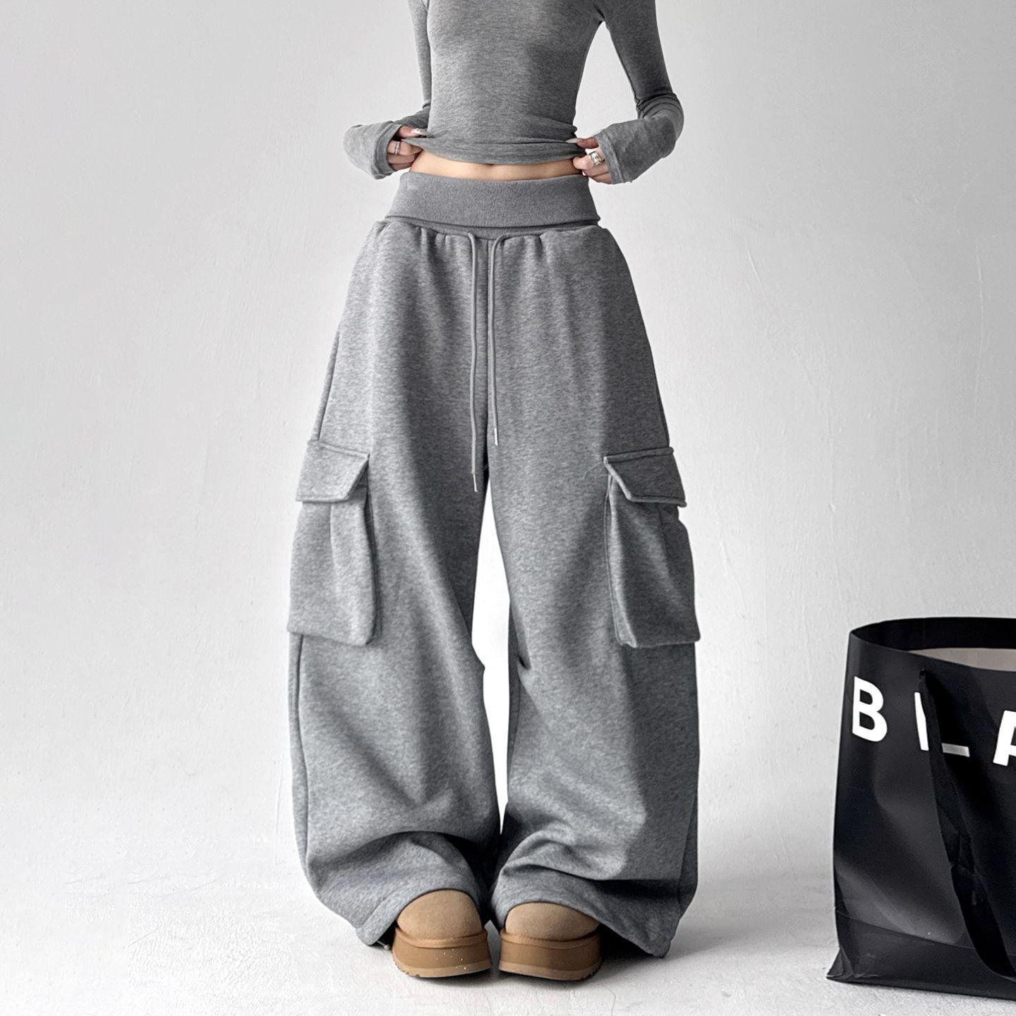 

Versatile Pocket Wide Leg Pants Sweatpants Autumn Winter New Fleece Lined Thickened American Style Casual Sports Pants S сірий колір