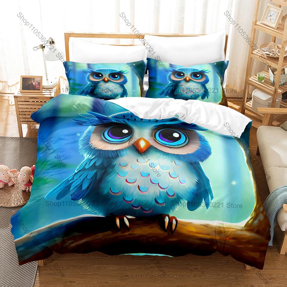 Cool Owl Minimalist Wildlife Nocturnal Bird Vintage Cartoon Animal Art HD Print Bedding Set Duvet Cover + 2 Pillowcases Animal