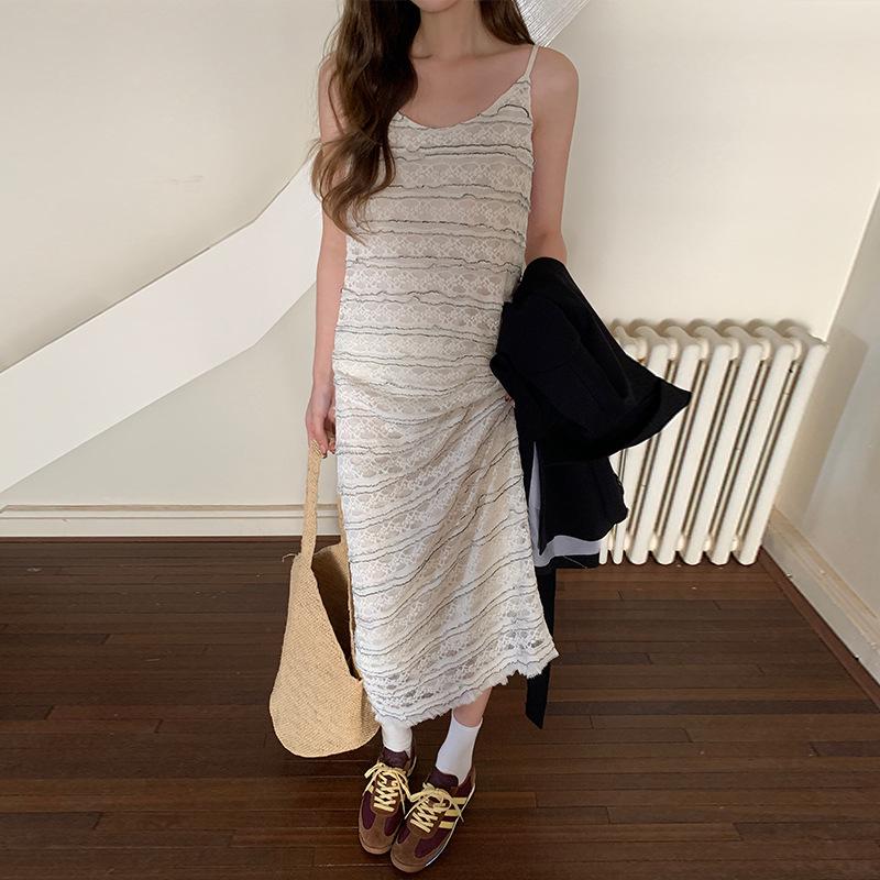 

MOXI 2025 Spring Collection: Women s French Striped Mesh Sling Dress One Size