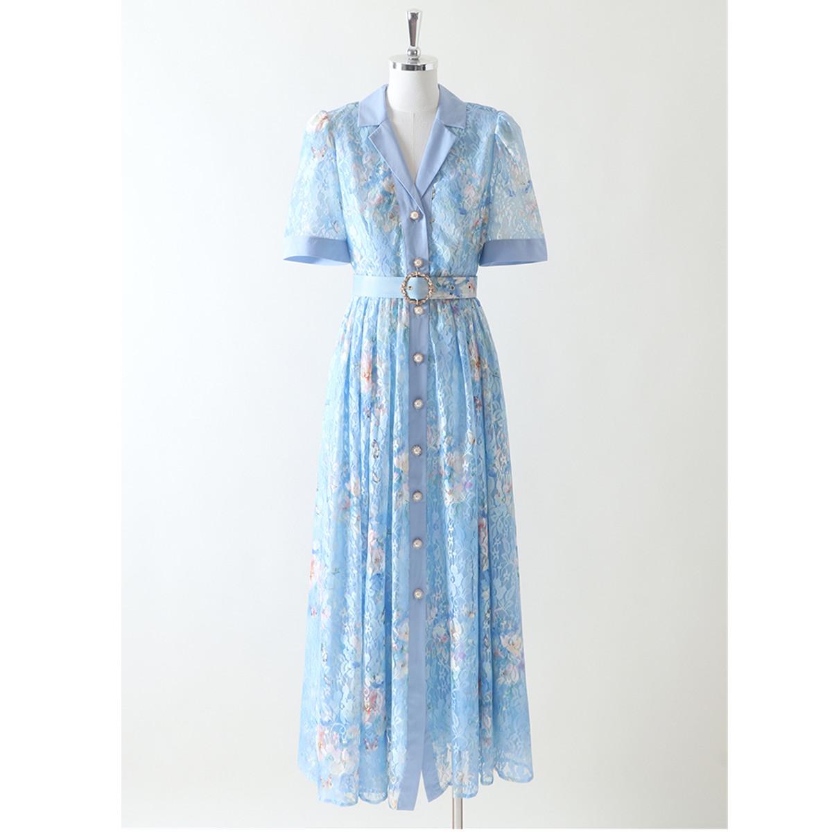 

Summer Formal Evening Elegant Lace Dress Women s Notched Collar Hollow Out Floral Print Belt Party Dresses Female Long Maxi Dress XXL