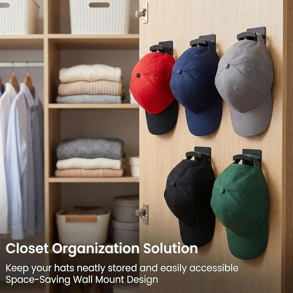 5-Pack Adhesive Hat Hooks for Wall - Minimalist Baseball Cap Organizer & Display Rack - No Drilling Sticky Hat Hangers for Door, Closet & Room Decor