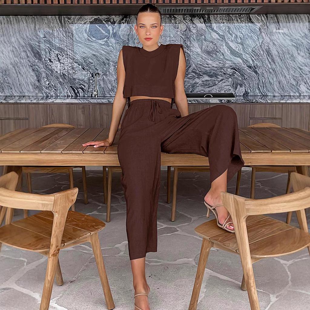2024 Summer Women's Cotton Linen Two-Piece Set: Sleeveless Shoulder Pad Top & Trousers – European-American Casual Fashion