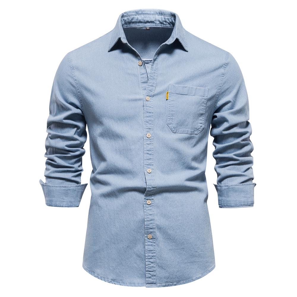 2026 Men's European Size Casual Solid Color Denim Long-Sleeve Shirt In Stock