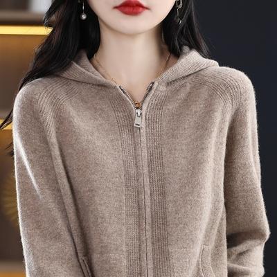 Spring New Thickened Hooded Long-sleeved Zipper Knitted Cardigan Women's Loose Solid Color Hooded Jacket Top Women's