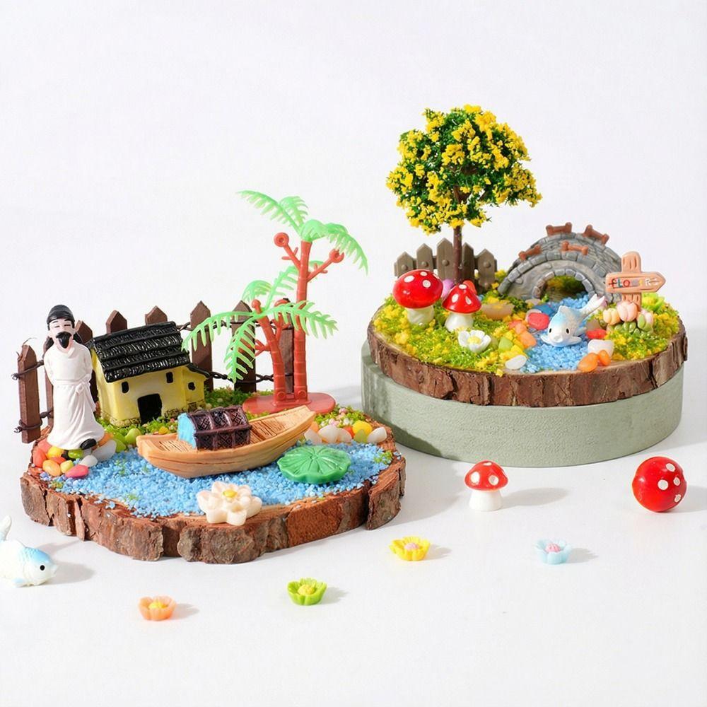 Multicolor Landscape DIY Material Kit Resin Wood Base DIY Miniature Landscape Ornaments Mini Size Cartoon Statue