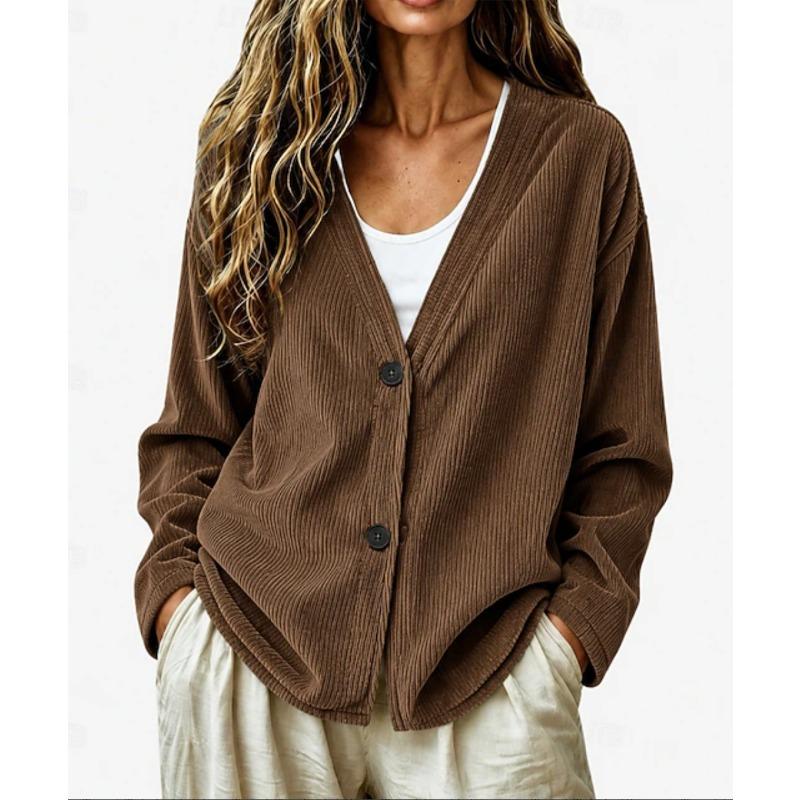 Women S Casual V Neck Button Corduroy Long Sleeve Cardigan Sweatshirt