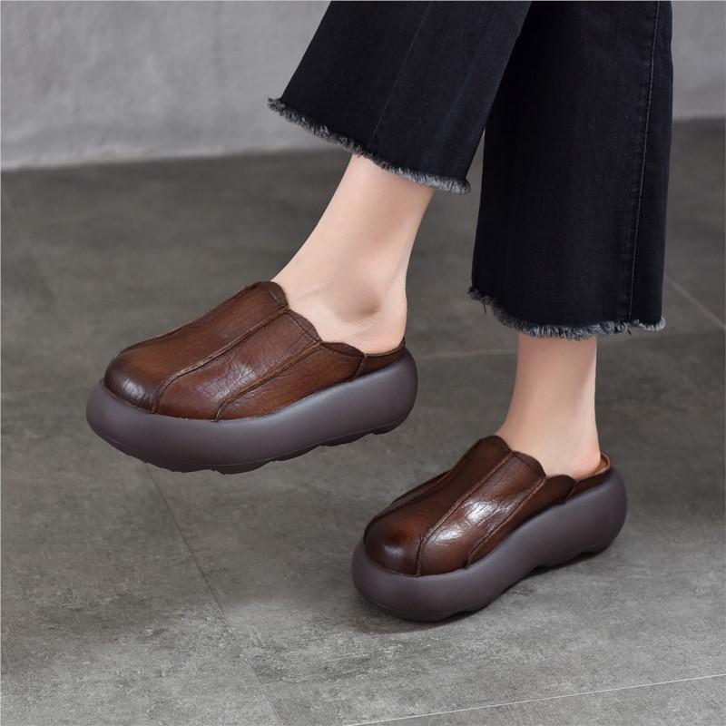 Johnature Vintage Genuine Leather Thick Soled Outdoor Slippers Round Toe Women's Slip-on Shoes