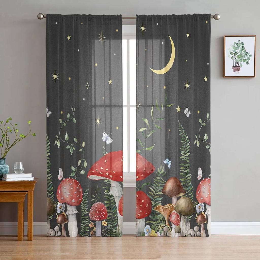 Shiitake Mushroom Flower Moon Bedroom Transparent Sheer Curtains Holiday Decoration Window Voile Tulle Curtain